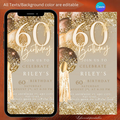 Sixtieth Brown Gold Birthday Invitation, 60thBirthday Invite, E-vite Template, Neon Glittery Text Birthday Digital Mobile Phone Evite