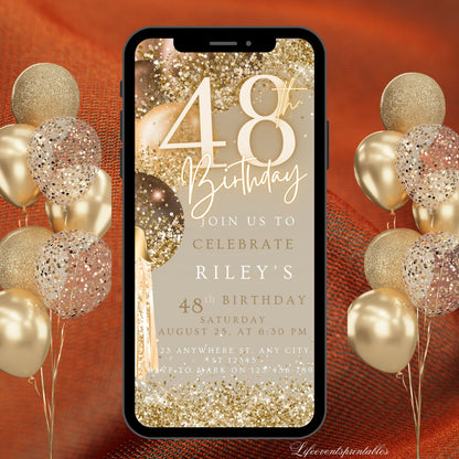 Forty Eight Brown Gold Birthday Invitation, 48th Birthday Invite, E-vite Template, Neon Glittery Text Birthday Digital Mobile Phone Evite