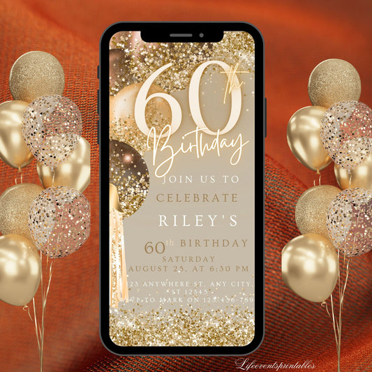 Sixtieth Brown Gold Birthday Invitation, 60thBirthday Invite, E-vite Template, Neon Glittery Text Birthday Digital Mobile Phone Evite