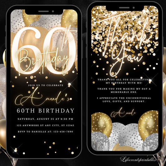 Digital Black Gold Sixtieth Birthday Invitation Template 60th Electronic Birthday Invite Birthday Invitation, Editable Text Message