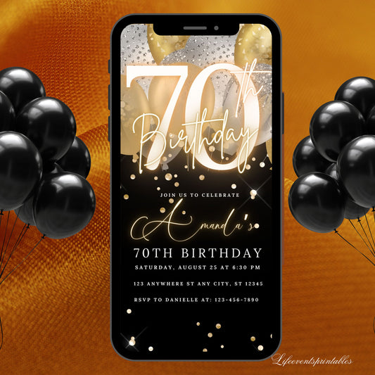 Digital Seventieth Birthday Invitation Template 70th Electronic Birthday Invite Black Silver Gold Birthday Invitation, Editable Text Message