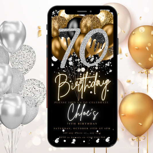 Digital Seventieth Birthday Invitation Template 70th Electronic Birthday Invite Black Silver Birthday Invitation, Editable Text Message