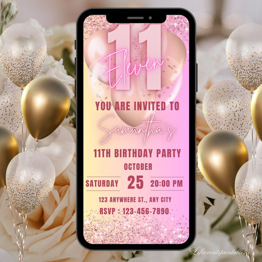 Digital Rose Gold 11th Birthday Invitation Template For Girls, Electronic Gold Balloon Eleventh Birthday Invite,11th Bday Invites