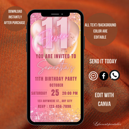 Digital Rose Gold 11th Birthday Invitation Template For Girls, Electronic Gold Balloon Eleventh Birthday Invite,11th Bday Invites