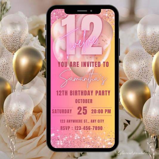 Digital Rose Gold 12th Birthday Invitation Template For Girls, Electronic Gold Balloon Twelfth Birthday Invite, 12th Birthday Invites