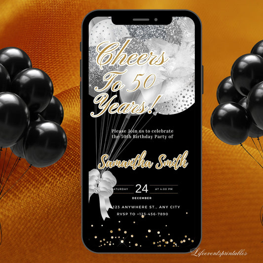 Digital Silver Balloons Birthday Party Invitation, Silver Glitter Electronic Phone Text Message Evite, Editable Template, Instant Download