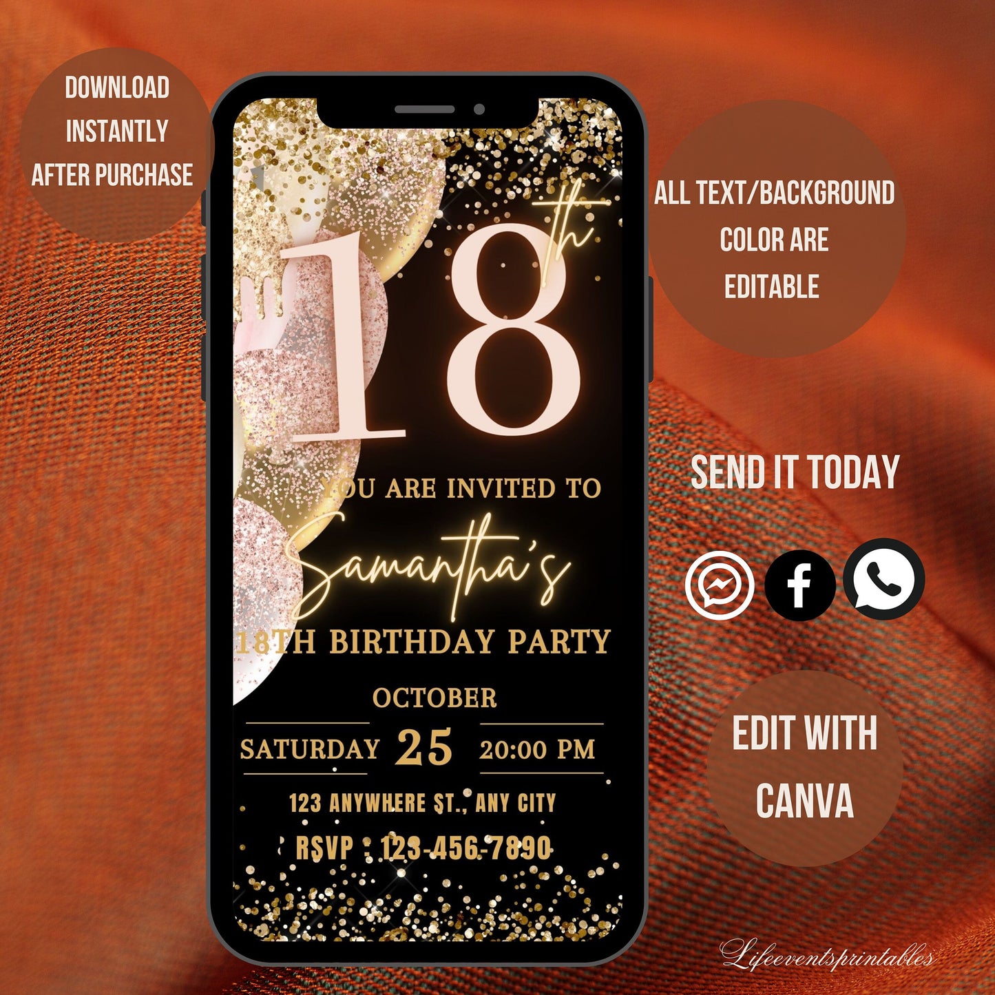 Digital 18th Birthday Invitation Template, Electronic 18th Party Invite, Rose Gold Neon Text Evite, Digital Invite Glitter, Birthday Party