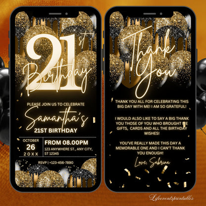 Digital 21ST Birthday Invitation Template For Her Gold, Animated Twenty First Black Gold Balloon Invite For Him, Editable  Itinerary eCard