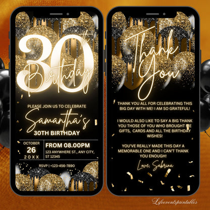 Digital 30th Birthday Invitation Template For Her Gold, Animated Thirtieth Black Gold Balloon Invite For Him, Editable  Itinerary eCard