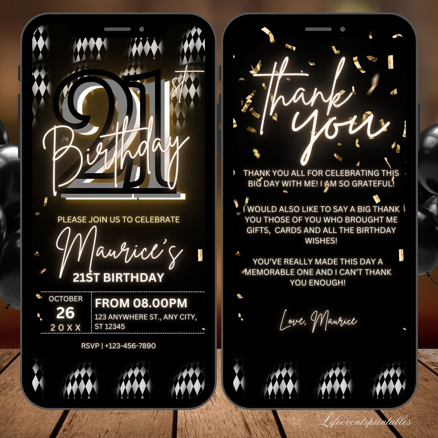 Digital 21st Birthday Party Invitation For Men, Black Gold Birthday Invite, Twenty one Digital Invite, Editable Template, Instant Download