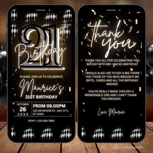 Digital 21st Birthday Party Invitation For Men, Black Gold Birthday Invite, Twenty one Digital Invite, Editable Template, Instant Download