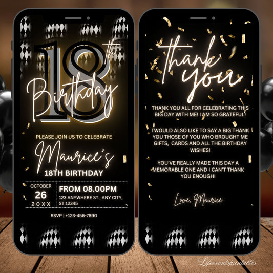 Digital 18th Birthday Party Invitation For Men, Black Gold Birthday Invite, Digital Invite, Editable Template, Instant Download