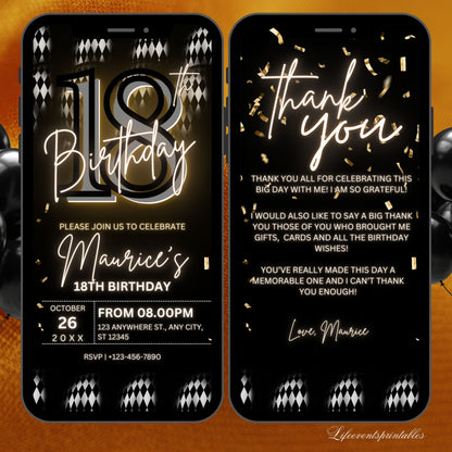 Digital 18th Birthday Party Invitation For Men, Black Gold Birthday Invite, Digital Invite, Editable Template, Instant Download