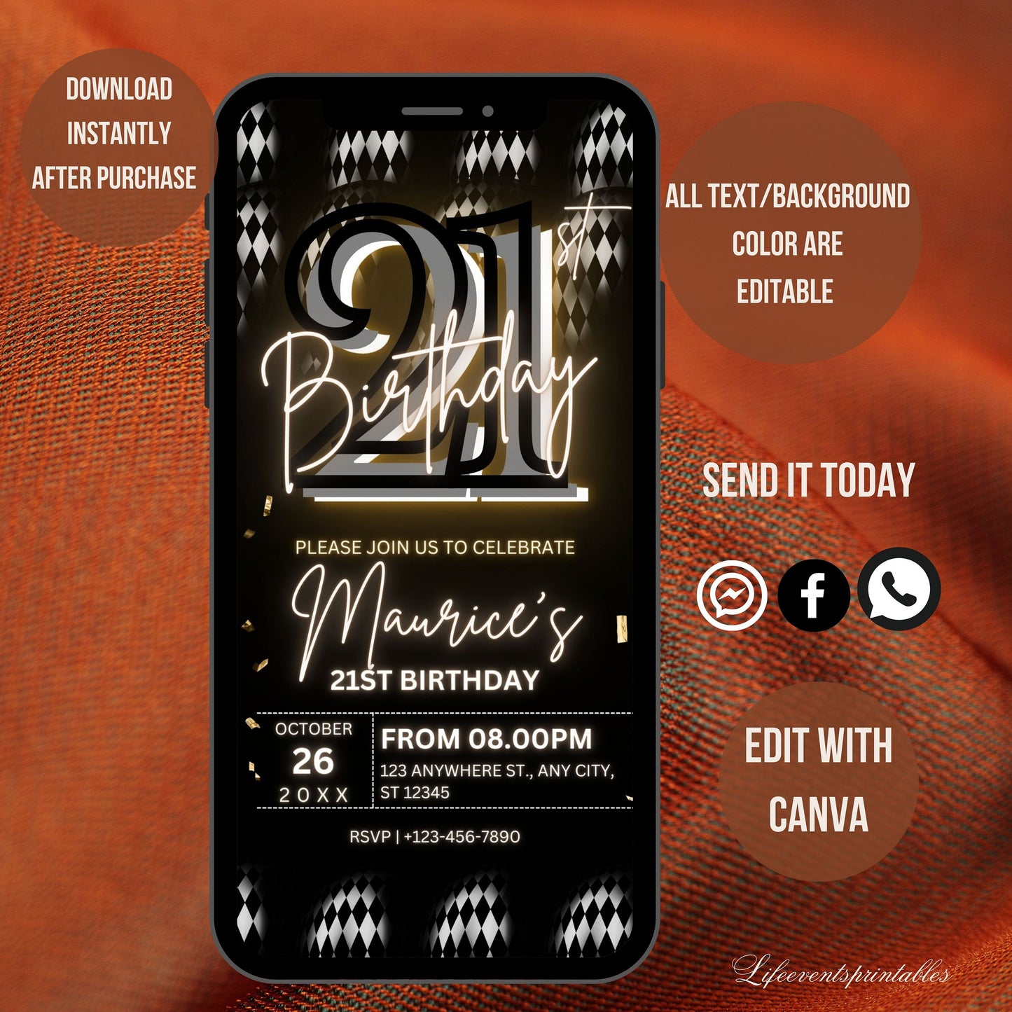 Digital 21st Birthday Party Invitation For Men, Black Gold Birthday Invite, Twenty one Digital Invite, Editable Template, Instant Download