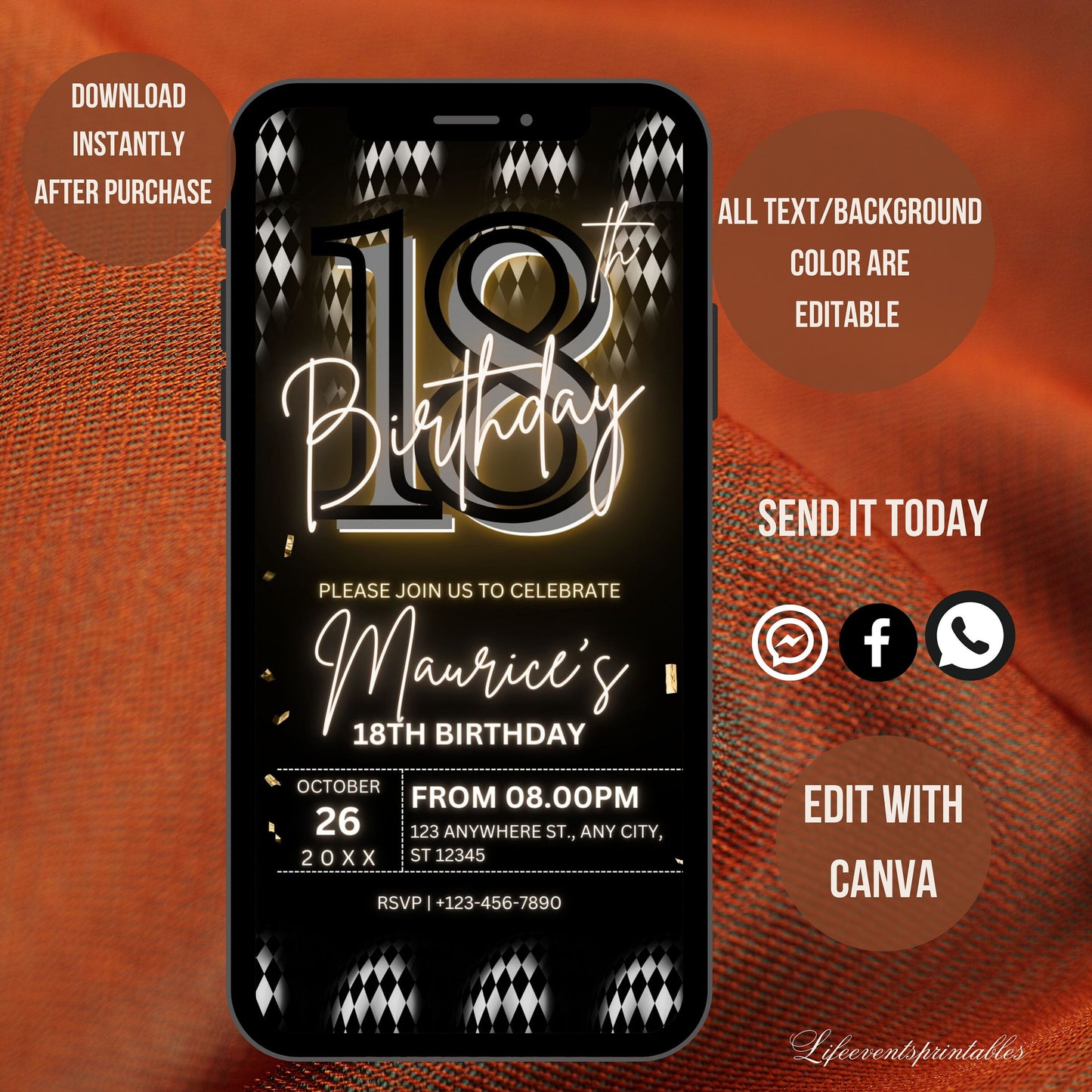 Digital 18th Birthday Party Invitation For Men, Black Gold Birthday Invite, Digital Invite, Editable Template, Instant Download