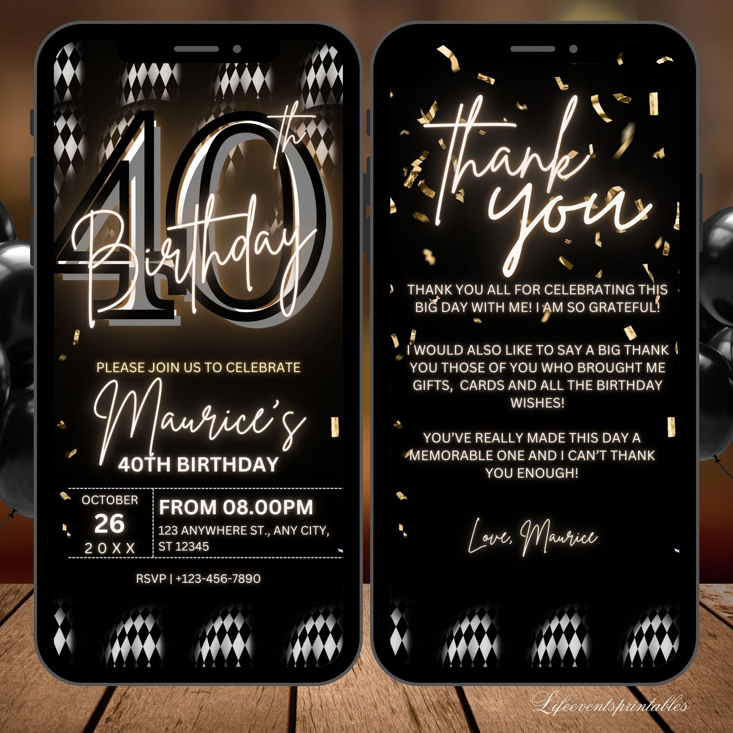 Digital 40th Birthday Party Invitation For Men, Black Gold Birthday Invite, Fortieth Digital Invite, Editable Template, Instant Download