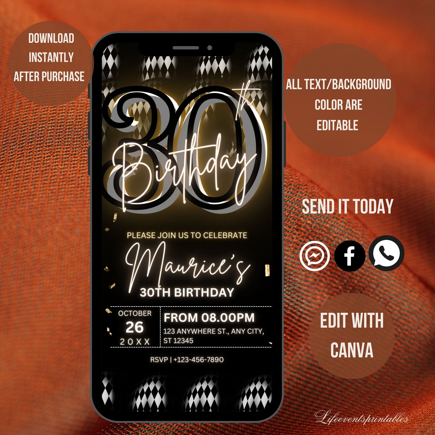 Digital 30th Birthday Party Invitation For Men, Black Gold Birthday Invite, Thirtieth Digital Invite, Editable Template, Instant Download