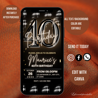 Digital 40th Birthday Party Invitation For Men, Black Gold Birthday Invite, Fortieth Digital Invite, Editable Template, Instant Download