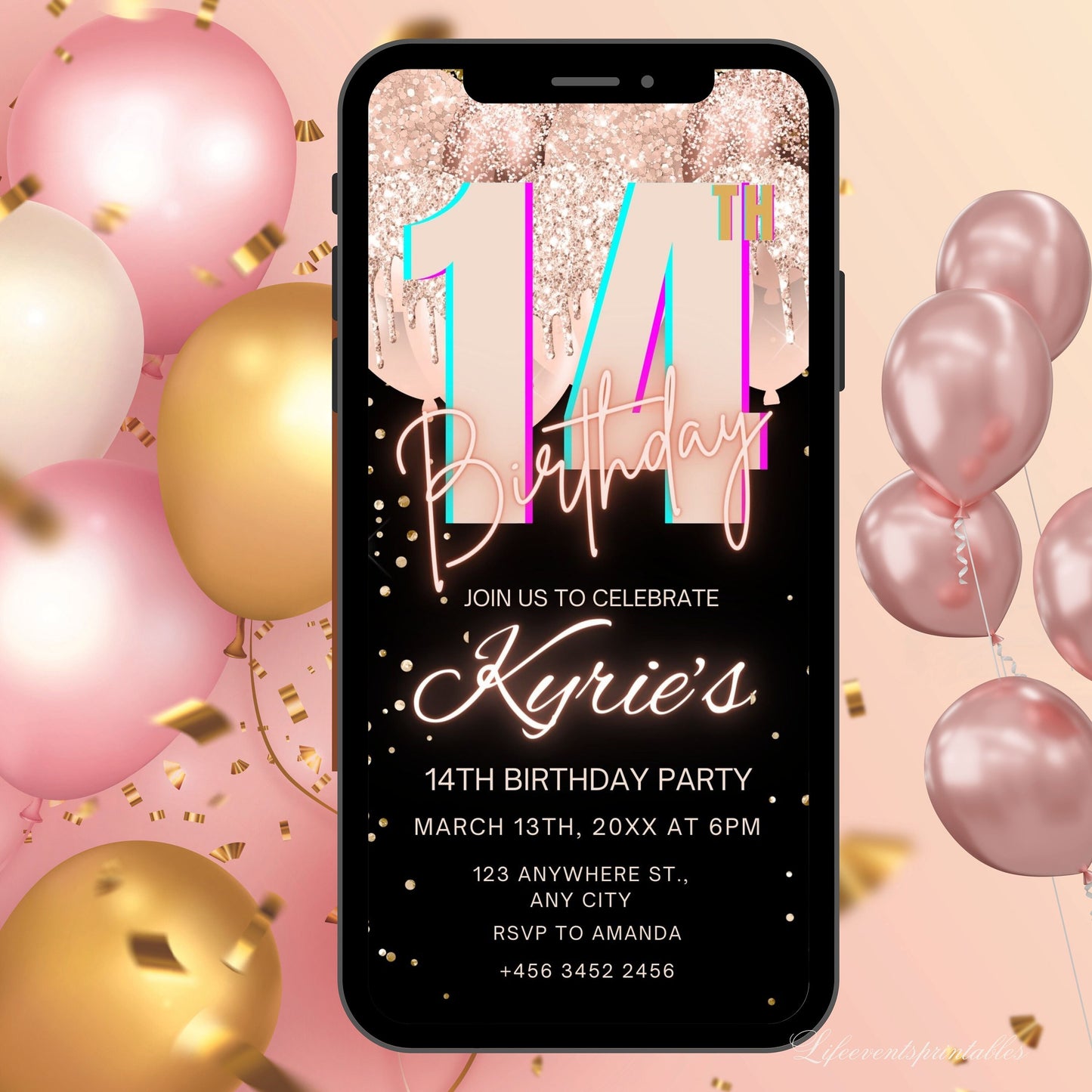 Digital Rose Gold 14th Birthday Invitation Template For Girls, Electronic Gold Balloon Fourteenth Birthday Invite, 14th Birthday Invites