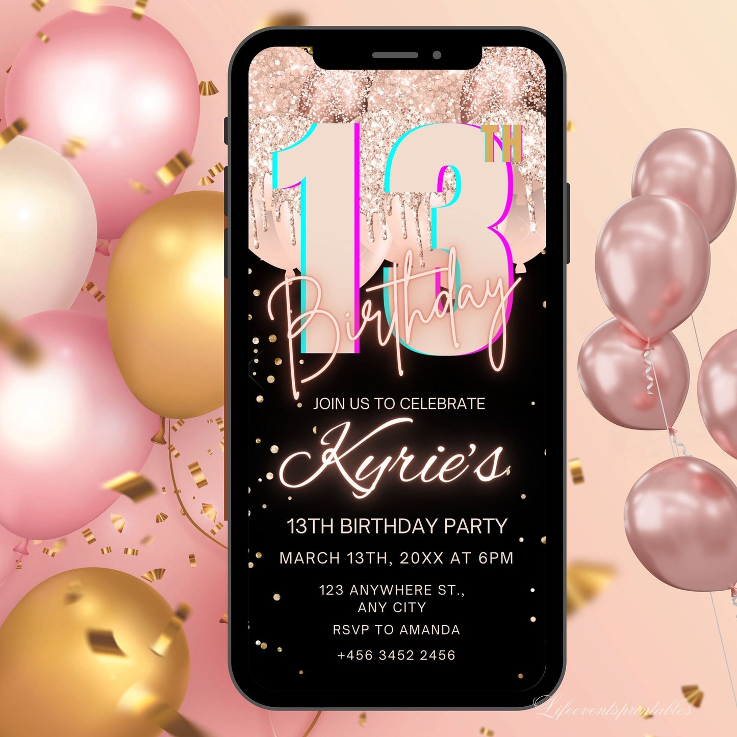 Digital Rose Gold 13th Birthday Invitation Template For Girls, Electronic Gold Balloon Thirteenth Birthday Invite, 13th Birthday Invites