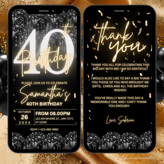 Digital 40th Birthday Invitation Template For Her Gold, Animated Fortieth Black Gold Balloon Invite For Him, Editable  Itinerary eCard