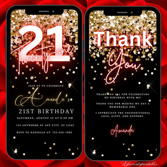 Digital Twenty One 21st Birthday Invitation Template 21th Electronic Birthday Invite Black Gold Birthday Invitation, Editable Text Message