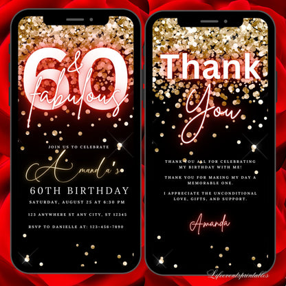 Sixtieth Black Gold Birthday Invitation, 60thBirthday Invite, E-vite Template, Neon Glittery Text Birthday Digital Mobile Phone Evite