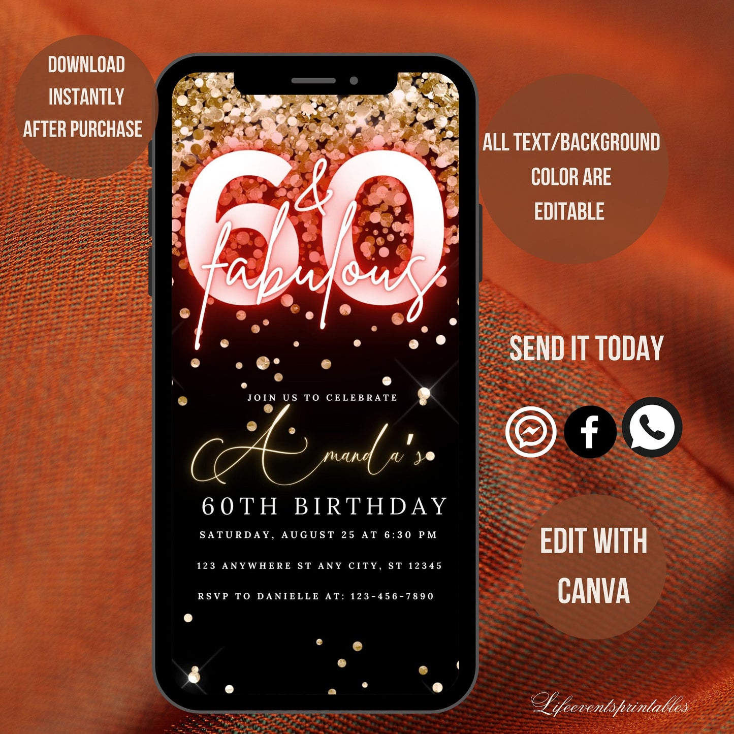 Sixtieth Black Gold Birthday Invitation, 60thBirthday Invite, E-vite Template, Neon Glittery Text Birthday Digital Mobile Phone Evite