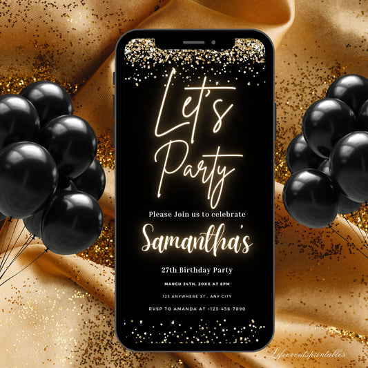 Digital Black Gold Birthday Party Invitation, Black Gold Glitter Editable Template, Any Age Evite Instant Download, Phone Birthday Evite