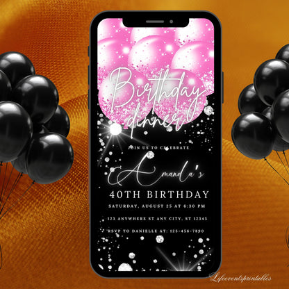 Pink Balloon Digital Birthday Invitation Template, Electronic Birthday Invite Digital Download, Text Message Invite, Editable Text ANY AGE