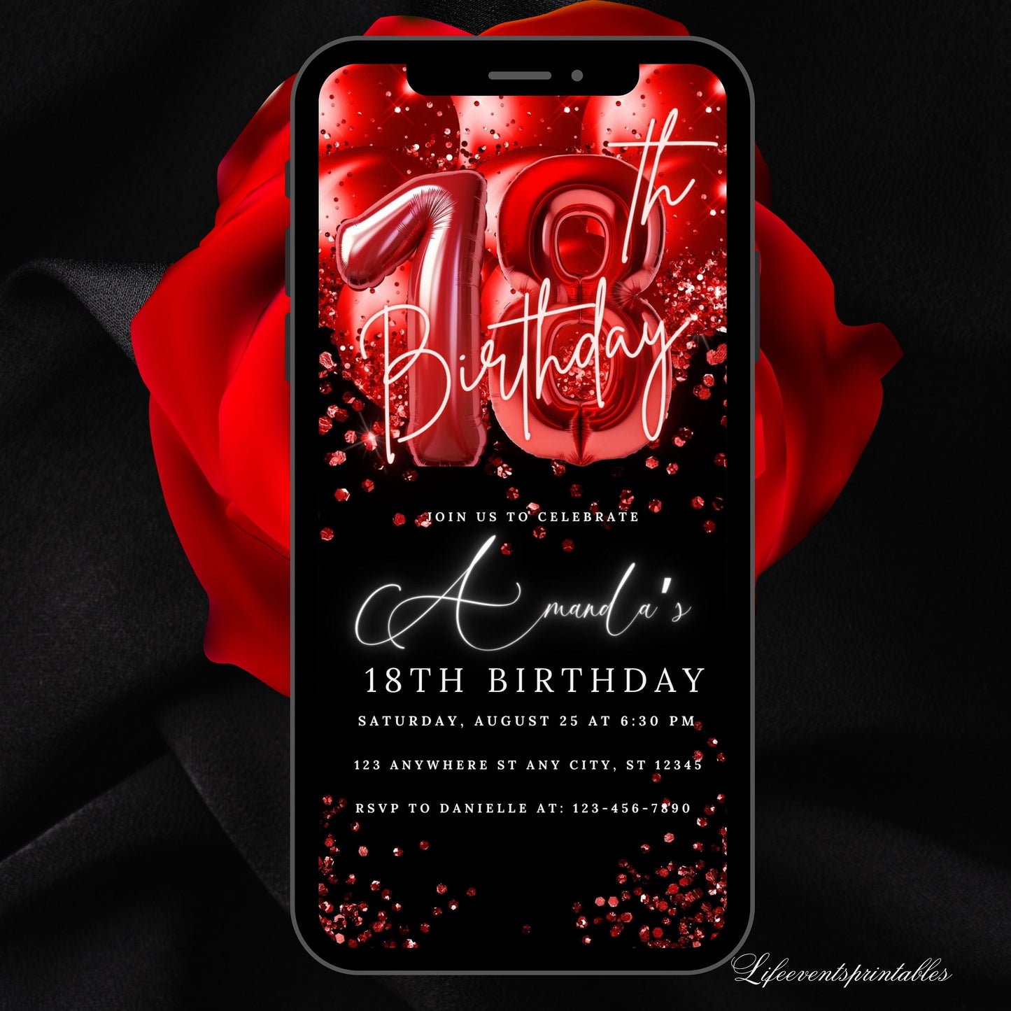 Digital 18th Birthday Invitation Template Red, Electronic 18th Party Invite, Red  Neon Text Evite, Digital Invite Glitter, Birthday Party