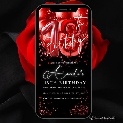 Digital 18th Birthday Invitation Template Red, Electronic 18th Party Invite, Red  Neon Text Evite, Digital Invite Glitter, Birthday Party