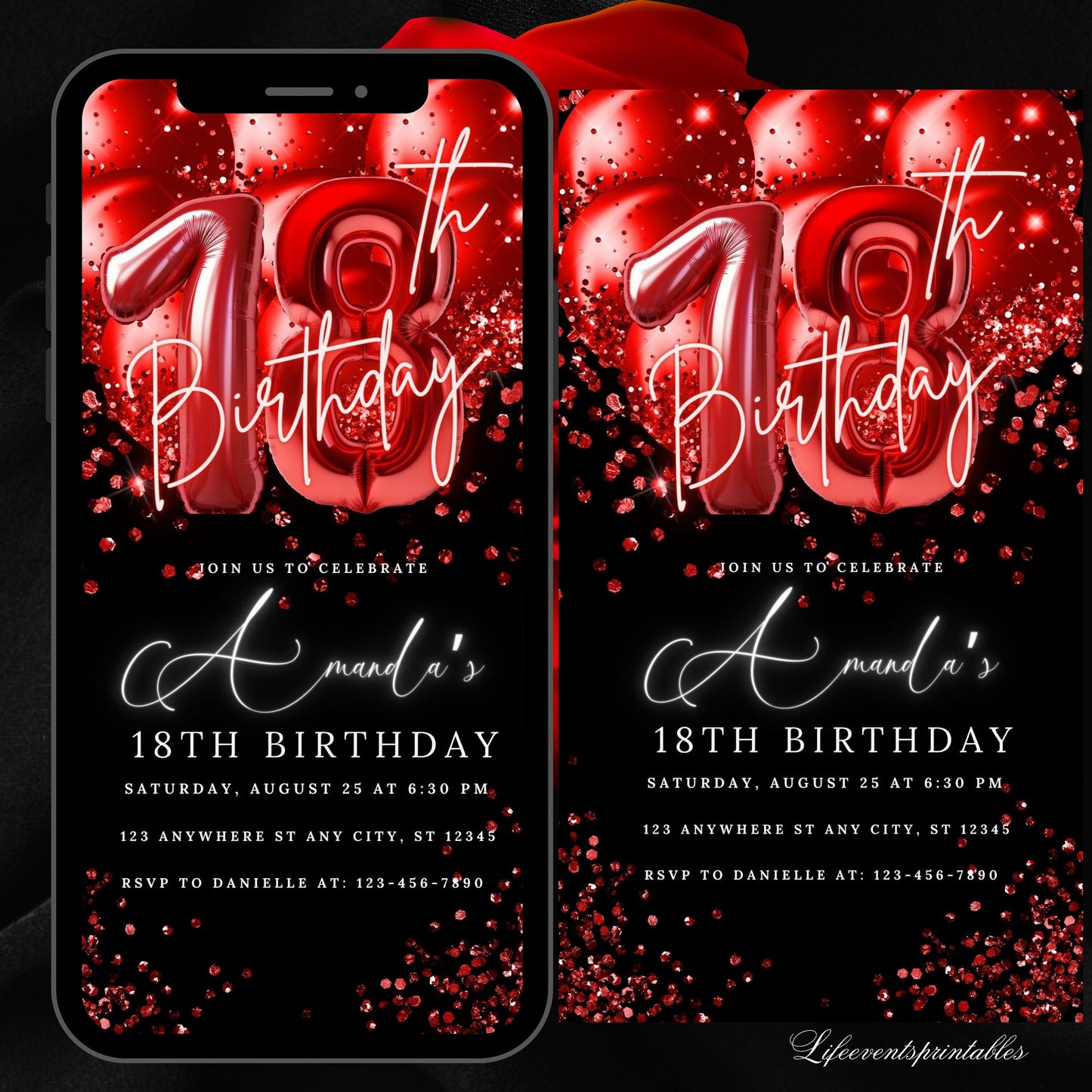 Digital 18th Birthday Invitation Template Red, Electronic 18th Party Invite, Red  Neon Text Evite, Digital Invite Glitter, Birthday Party