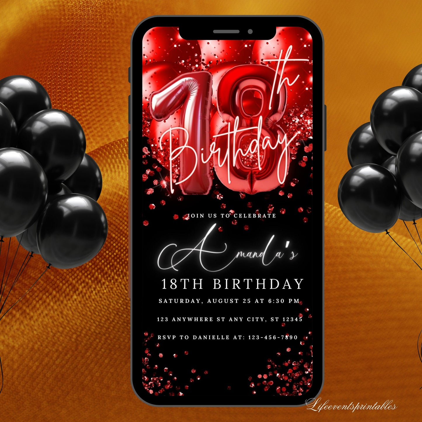 Digital 18th Birthday Invitation Template Red, Electronic 18th Party Invite, Red  Neon Text Evite, Digital Invite Glitter, Birthday Party