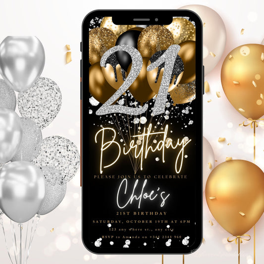 Digital Twenty One 21st Birthday Invitation Template 21th Electronic Birthday Invite Black Silver Birthday Invitation, Editable Text Message